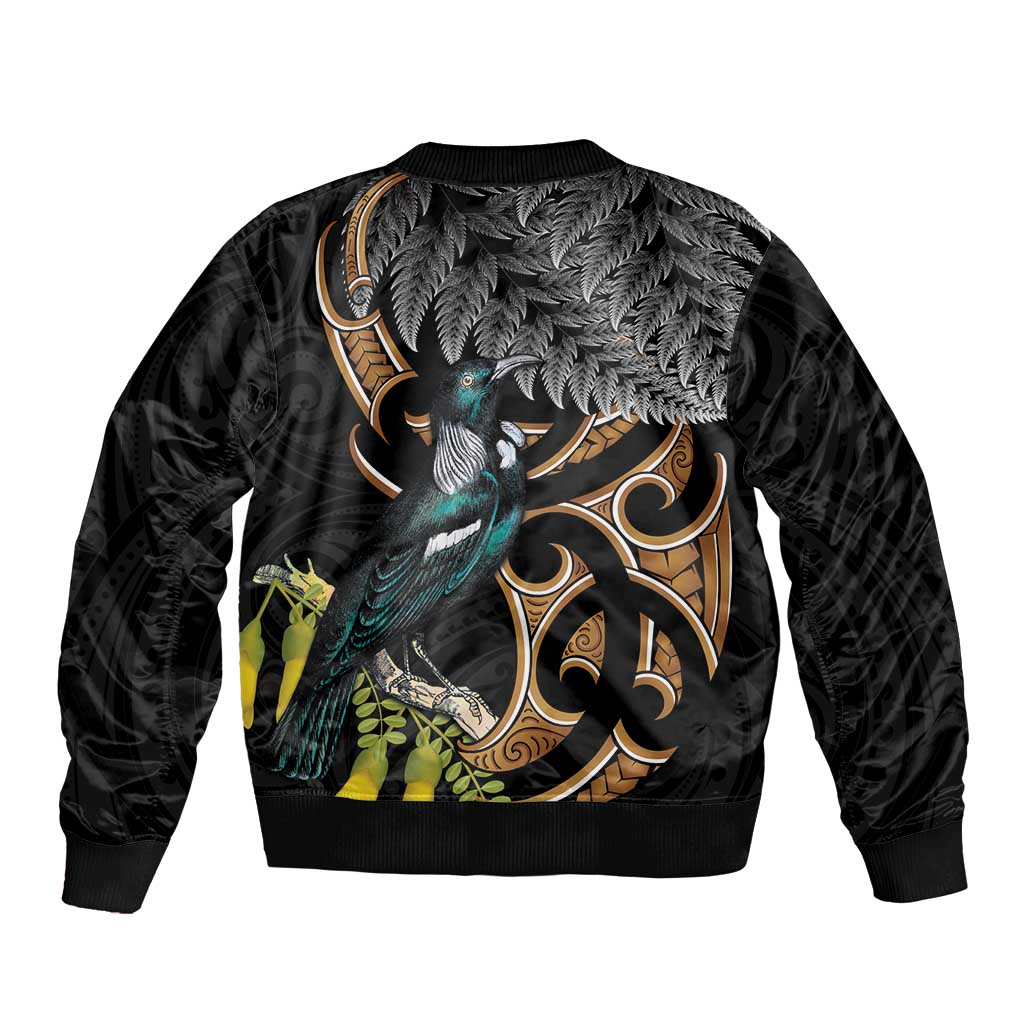 Aotearoa Kowhai Tui Bird Sleeve Zip Bomber Jacket Maori Ngaru With Silver Fern LT14 - Polynesian Pride