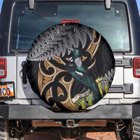 Aotearoa Kowhai Tui Bird Spare Tire Cover Maori Ngaru With Silver Fern LT14 Black - Polynesian Pride