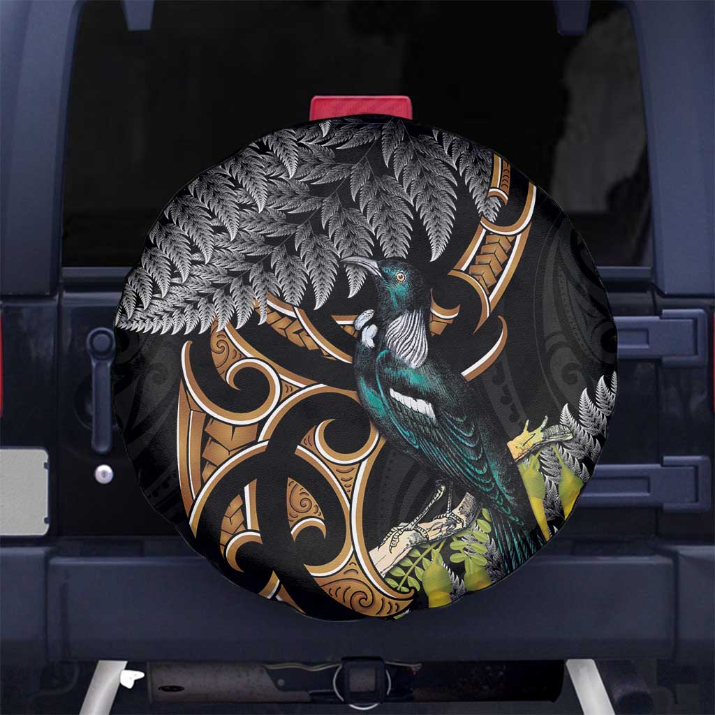 Aotearoa Kowhai Tui Bird Spare Tire Cover Maori Ngaru With Silver Fern LT14 No hole Black - Polynesian Pride