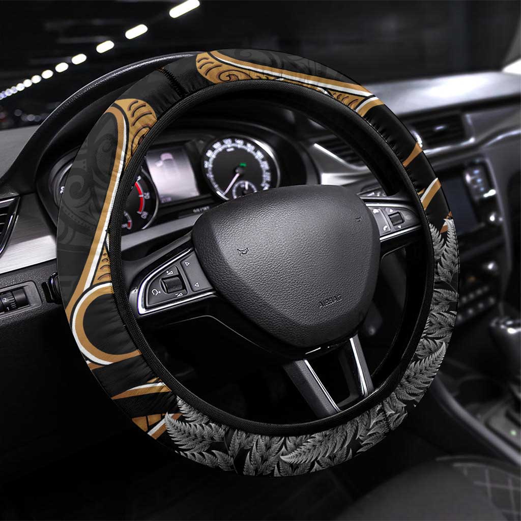 Aotearoa Kowhai Tui Bird Steering Wheel Cover Maori Ngaru With Silver Fern LT14 Universal Fit Black - Polynesian Pride