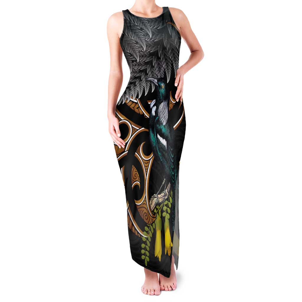 Aotearoa Kowhai Tui Bird Tank Maxi Dress Maori Ngaru With Silver Fern LT14 Women Black - Polynesian Pride