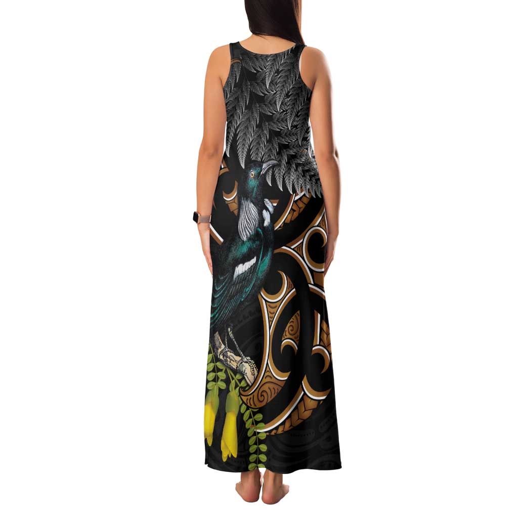 Aotearoa Kowhai Tui Bird Tank Maxi Dress Maori Ngaru With Silver Fern LT14 - Polynesian Pride