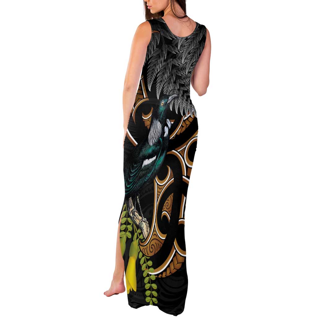 Aotearoa Kowhai Tui Bird Tank Maxi Dress Maori Ngaru With Silver Fern LT14 - Polynesian Pride