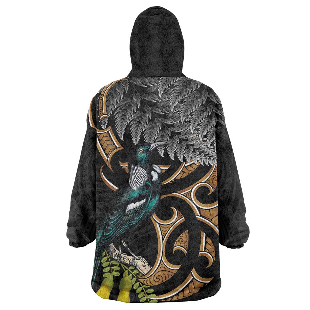 Aotearoa Kowhai Tui Bird Wearable Blanket Hoodie Maori Ngaru With Silver Fern LT14 - Polynesian Pride