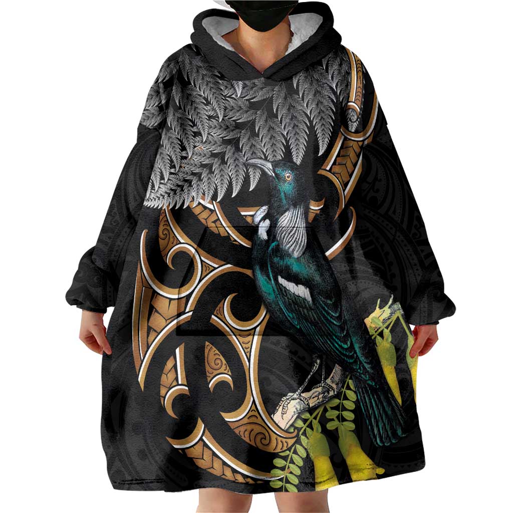 Aotearoa Kowhai Tui Bird Wearable Blanket Hoodie Maori Ngaru With Silver Fern LT14 - Polynesian Pride