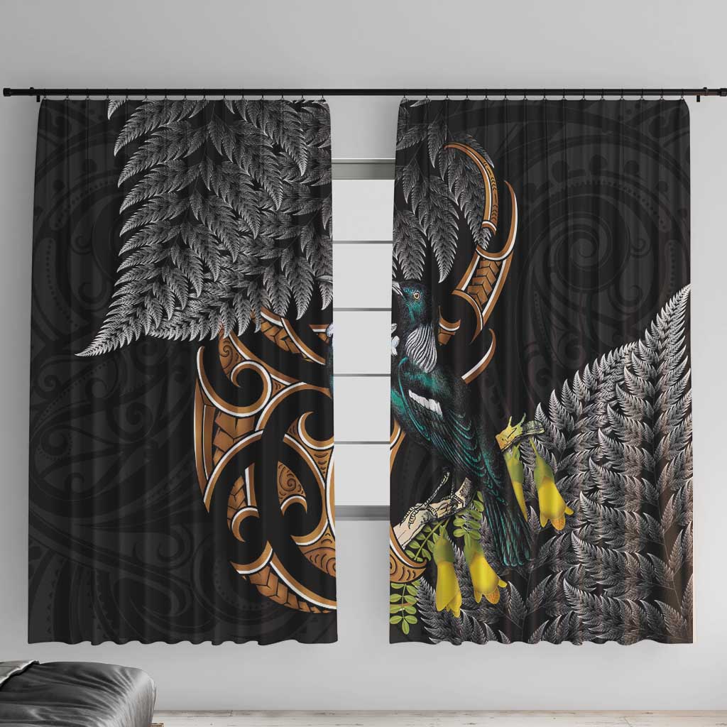 Aotearoa Kowhai Tui Bird Window Curtain Maori Ngaru With Silver Fern LT14 With Hooks Black - Polynesian Pride