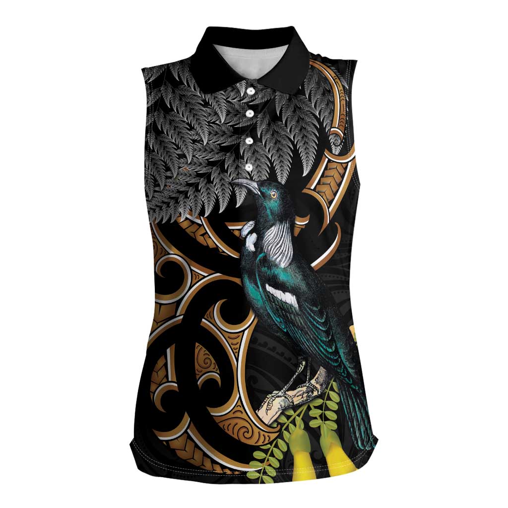 Aotearoa Kowhai Tui Bird Women Sleeveless Polo Shirt Maori Ngaru With Silver Fern LT14 Female Black - Polynesian Pride