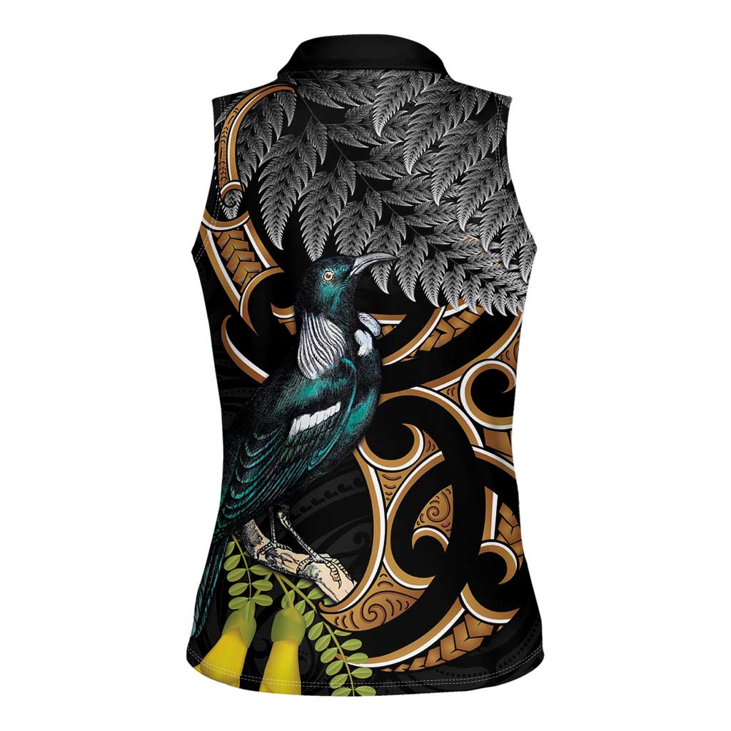 Aotearoa Kowhai Tui Bird Women Sleeveless Polo Shirt Maori Ngaru With Silver Fern LT14 - Polynesian Pride