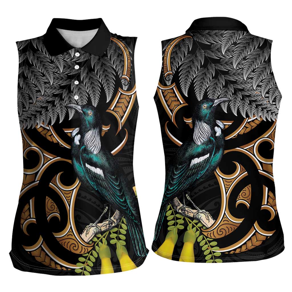 Aotearoa Kowhai Tui Bird Women Sleeveless Polo Shirt Maori Ngaru With Silver Fern LT14 - Polynesian Pride