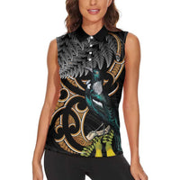 Aotearoa Kowhai Tui Bird Women Sleeveless Polo Shirt Maori Ngaru With Silver Fern LT14 - Polynesian Pride