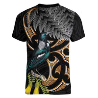 Aotearoa Kowhai Tui Bird Women V-Neck T-Shirt Maori Ngaru With Silver Fern LT14 - Polynesian Pride
