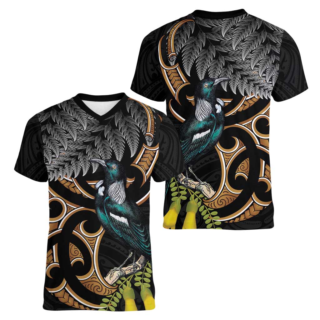 Aotearoa Kowhai Tui Bird Women V-Neck T-Shirt Maori Ngaru With Silver Fern LT14 - Polynesian Pride