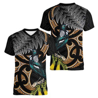 Aotearoa Kowhai Tui Bird Women V-Neck T-Shirt Maori Ngaru With Silver Fern LT14 - Polynesian Pride