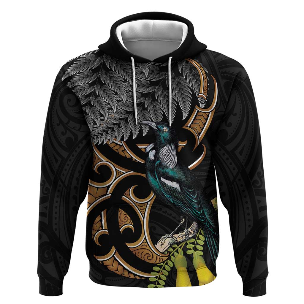 Aotearoa Kowhai Tui Bird Zip Hoodie Maori Ngaru With Silver Fern LT14 Pullover Hoodie Black - Polynesian Pride