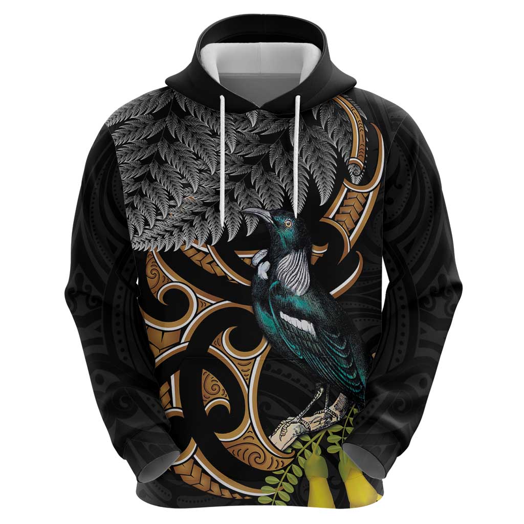 Aotearoa Kowhai Tui Bird Zip Hoodie Maori Ngaru With Silver Fern LT14 - Polynesian Pride