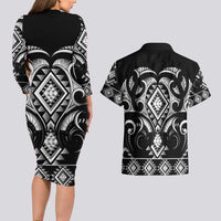 Black Ngaru Taniko With Aotearoa Maori Tattoo Couples Matching Long Sleeve Bodycon Dress and Hawaiian Shirt LT14 - Polynesian Pride