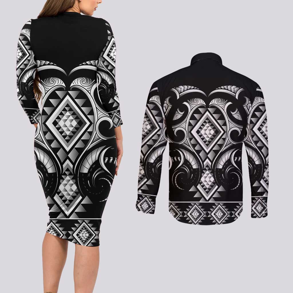 Black Ngaru Taniko With Aotearoa Maori Tattoo Couples Matching Long Sleeve Bodycon Dress and Long Sleeve Button Shirt LT14 - Polynesian Pride