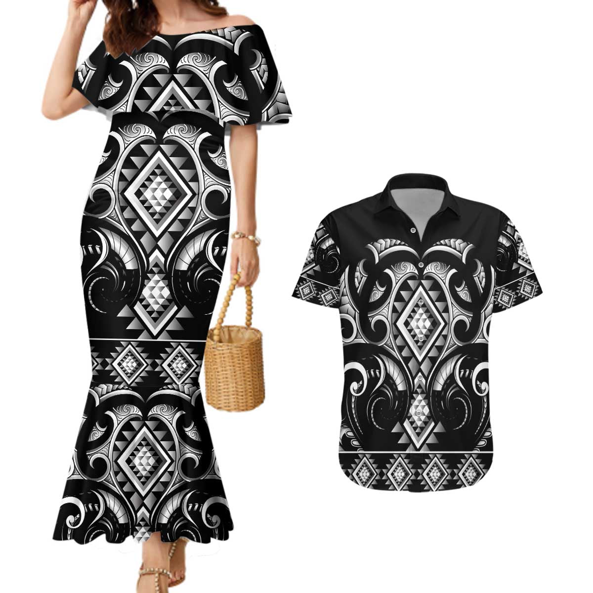 Black Ngaru Taniko With Aotearoa Maori Tattoo Couples Matching Mermaid Dress and Hawaiian Shirt