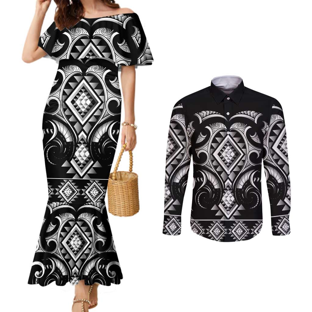 Black Ngaru Taniko With Aotearoa Maori Tattoo Couples Matching Mermaid Dress and Long Sleeve Button Shirt LT14 Black - Polynesian Pride