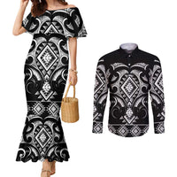 Black Ngaru Taniko With Aotearoa Maori Tattoo Couples Matching Mermaid Dress and Long Sleeve Button Shirt LT14 Black - Polynesian Pride