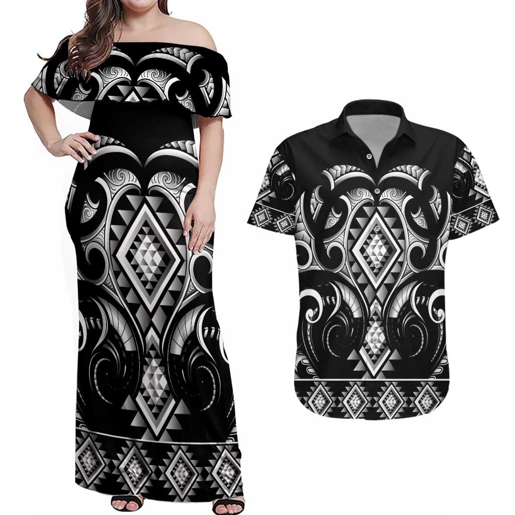 Black Ngaru Taniko With Aotearoa Maori Tattoo Couples Matching Off Shoulder Maxi Dress and Hawaiian Shirt LT14 Black - Polynesian Pride