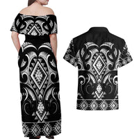 Black Ngaru Taniko With Aotearoa Maori Tattoo Couples Matching Off Shoulder Maxi Dress and Hawaiian Shirt LT14 - Polynesian Pride