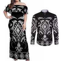 Black Ngaru Taniko With Aotearoa Maori Tattoo Couples Matching Off Shoulder Maxi Dress and Long Sleeve Button Shirt LT14 Black - Polynesian Pride