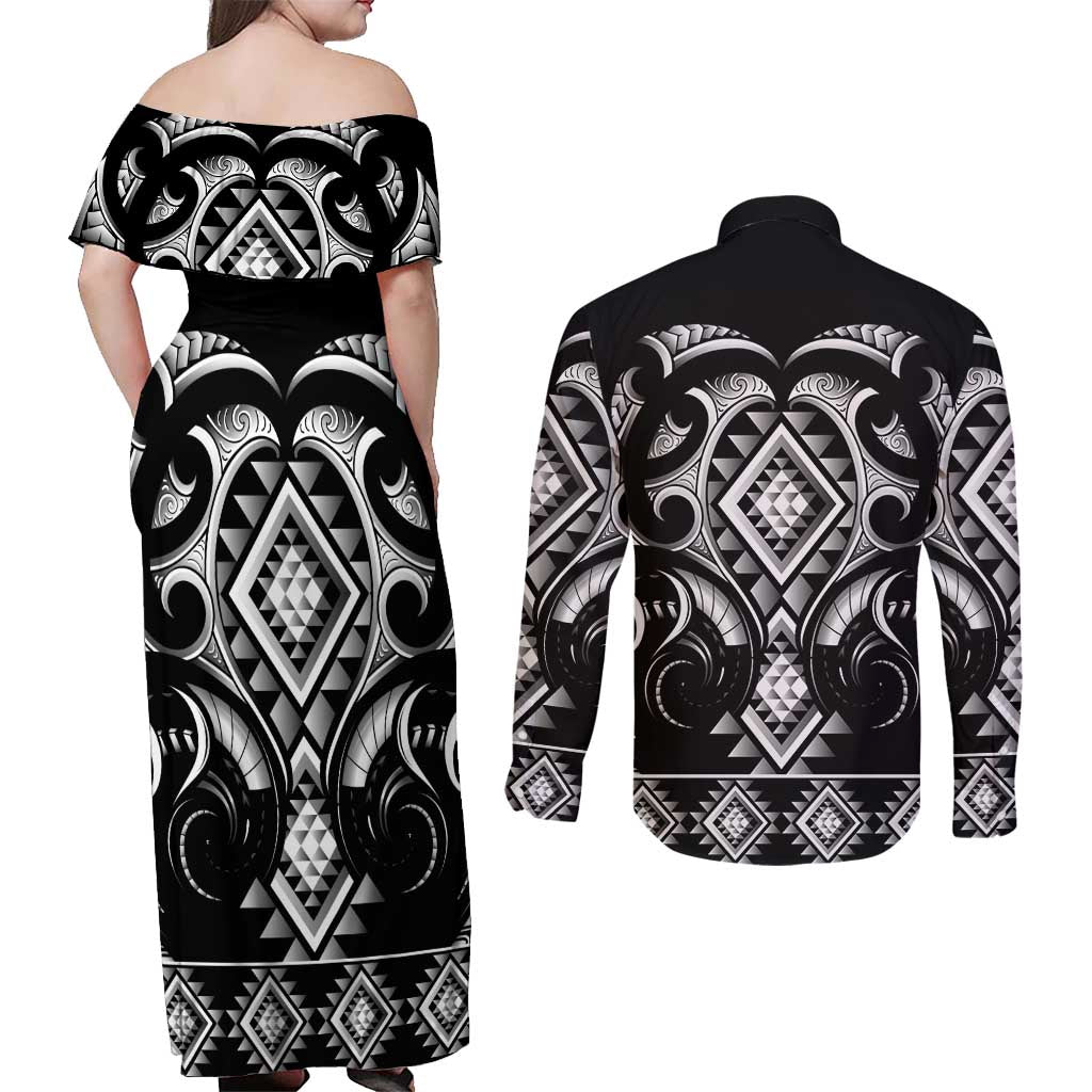 Black Ngaru Taniko With Aotearoa Maori Tattoo Couples Matching Off Shoulder Maxi Dress and Long Sleeve Button Shirt LT14 - Polynesian Pride