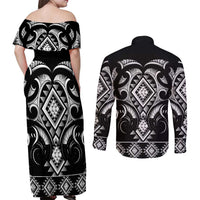 Black Ngaru Taniko With Aotearoa Maori Tattoo Couples Matching Off Shoulder Maxi Dress and Long Sleeve Button Shirt LT14 - Polynesian Pride