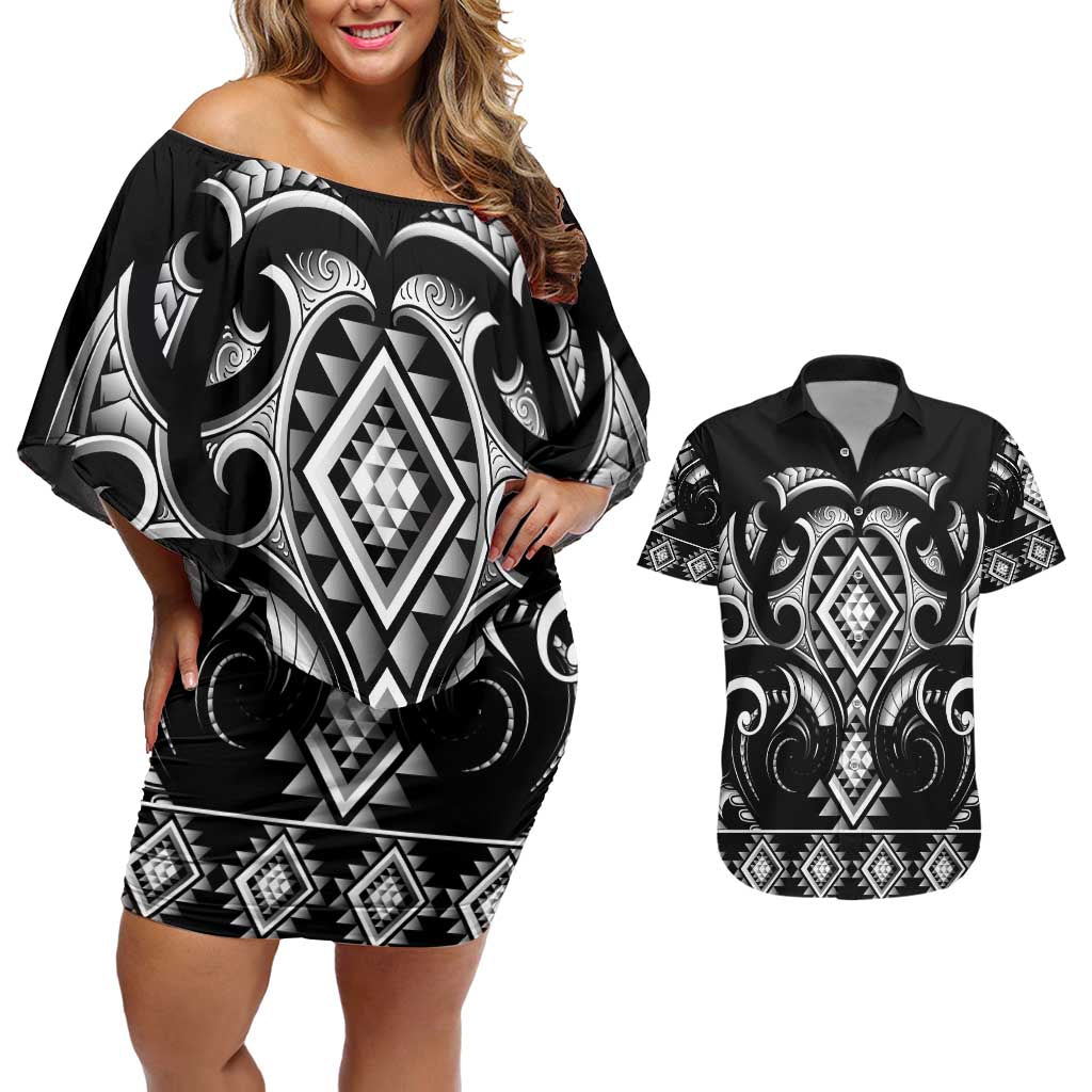 Black Ngaru Taniko With Aotearoa Maori Tattoo Couples Matching Off Shoulder Short Dress and Hawaiian Shirt LT14 Black - Polynesian Pride
