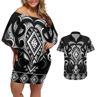 Black Ngaru Taniko With Aotearoa Maori Tattoo Couples Matching Off Shoulder Short Dress and Hawaiian Shirt LT14 Black - Polynesian Pride