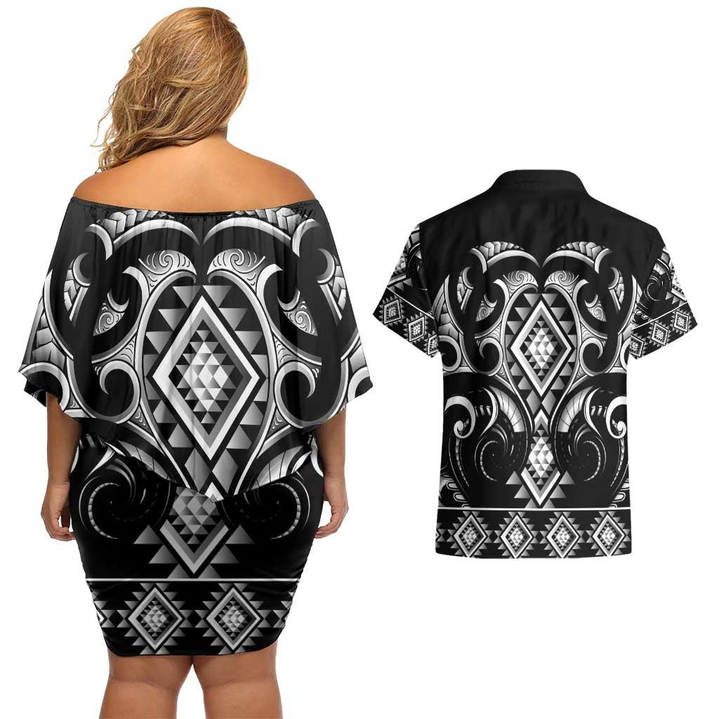 Black Ngaru Taniko With Aotearoa Maori Tattoo Couples Matching Off Shoulder Short Dress and Hawaiian Shirt LT14 - Polynesian Pride