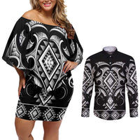 Black Ngaru Taniko With Aotearoa Maori Tattoo Couples Matching Off Shoulder Short Dress and Long Sleeve Button Shirt LT14 Black - Polynesian Pride
