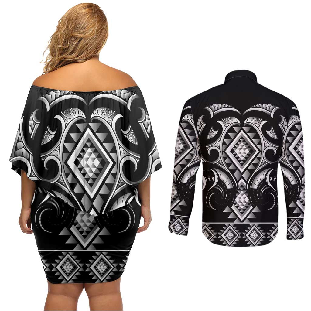 Black Ngaru Taniko With Aotearoa Maori Tattoo Couples Matching Off Shoulder Short Dress and Long Sleeve Button Shirt LT14 - Polynesian Pride