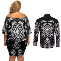 Black Ngaru Taniko With Aotearoa Maori Tattoo Couples Matching Off Shoulder Short Dress and Long Sleeve Button Shirt LT14 - Polynesian Pride