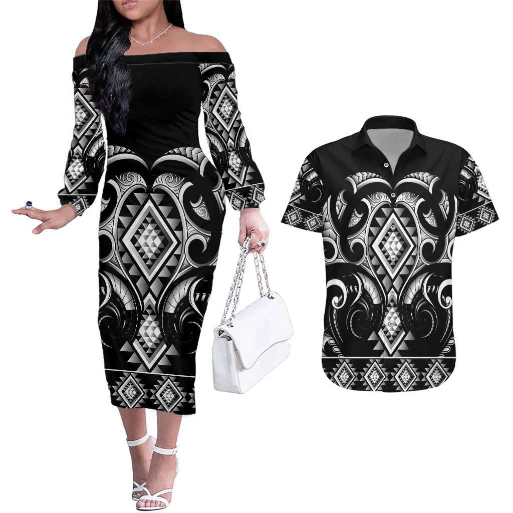 Black Ngaru Taniko With Aotearoa Maori Tattoo Couples Matching Off The Shoulder Long Sleeve Dress and Hawaiian Shirt LT14 Black - Polynesian Pride