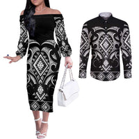 Black Ngaru Taniko With Aotearoa Maori Tattoo Couples Matching Off The Shoulder Long Sleeve Dress and Long Sleeve Button Shirt LT14 Black - Polynesian Pride