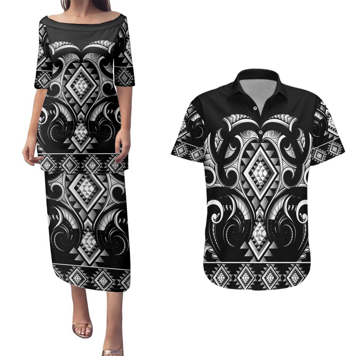 Black Ngaru Taniko With Aotearoa Maori Tattoo Couples Matching Puletasi and Hawaiian Shirt LT14 Black - Polynesian Pride