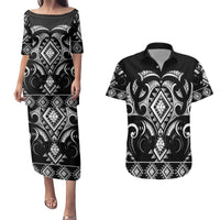 Black Ngaru Taniko With Aotearoa Maori Tattoo Couples Matching Puletasi and Hawaiian Shirt LT14 Black - Polynesian Pride