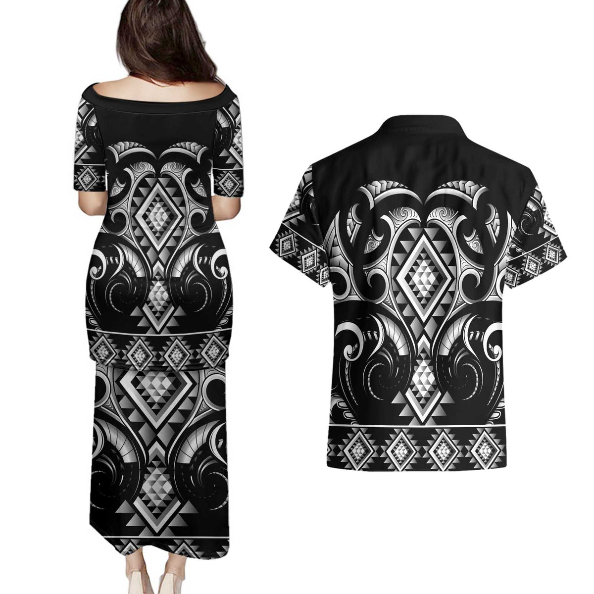 Black Ngaru Taniko With Aotearoa Maori Tattoo Couples Matching Puletasi and Hawaiian Shirt LT14 - Polynesian Pride