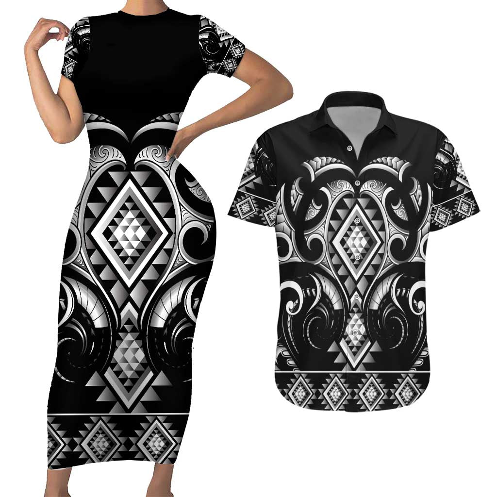 Black Ngaru Taniko With Aotearoa Maori Tattoo Couples Matching Short Sleeve Bodycon Dress and Hawaiian Shirt