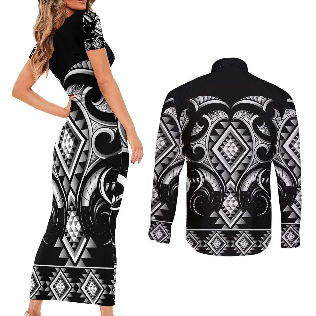 Black Ngaru Taniko With Aotearoa Maori Tattoo Couples Matching Short Sleeve Bodycon Dress and Long Sleeve Button Shirt LT14 - Polynesian Pride