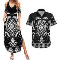 Black Ngaru Taniko With Aotearoa Maori Tattoo Couples Matching Summer Maxi Dress and Hawaiian Shirt LT14 Black - Polynesian Pride