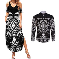 Black Ngaru Taniko With Aotearoa Maori Tattoo Couples Matching Summer Maxi Dress and Long Sleeve Button Shirt LT14 Black - Polynesian Pride