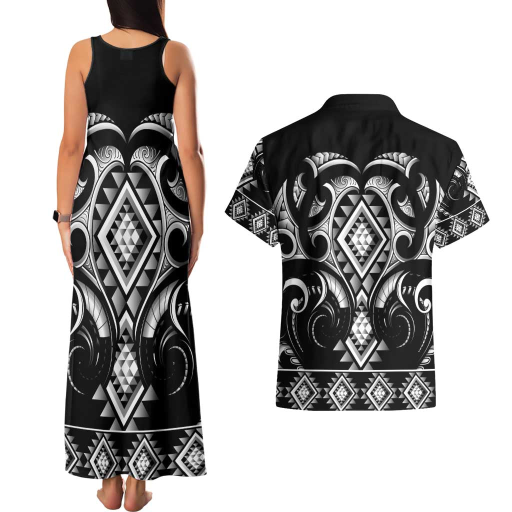 Black Ngaru Taniko With Aotearoa Maori Tattoo Couples Matching Tank Maxi Dress and Hawaiian Shirt LT14 - Polynesian Pride