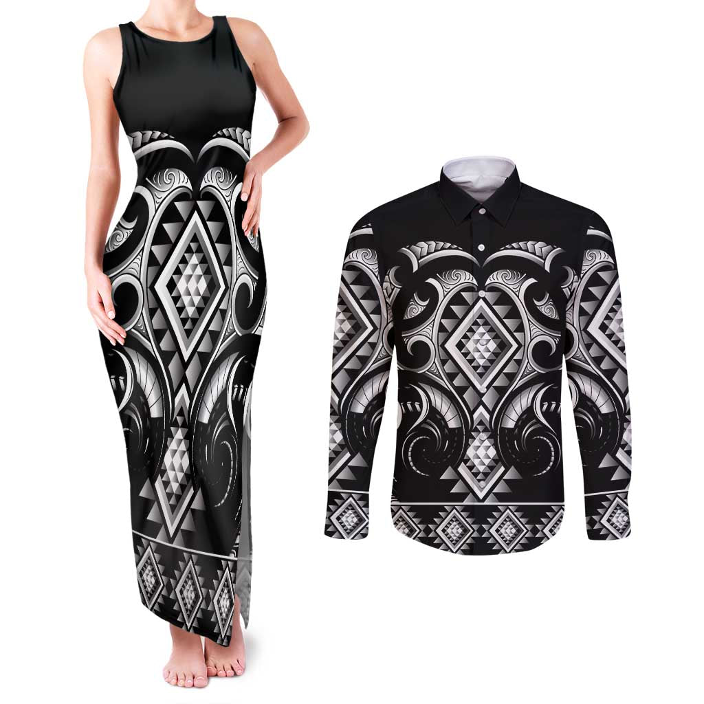 Black Ngaru Taniko With Aotearoa Maori Tattoo Couples Matching Tank Maxi Dress and Long Sleeve Button Shirt LT14 Black - Polynesian Pride