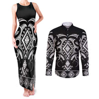 Black Ngaru Taniko With Aotearoa Maori Tattoo Couples Matching Tank Maxi Dress and Long Sleeve Button Shirt LT14 Black - Polynesian Pride