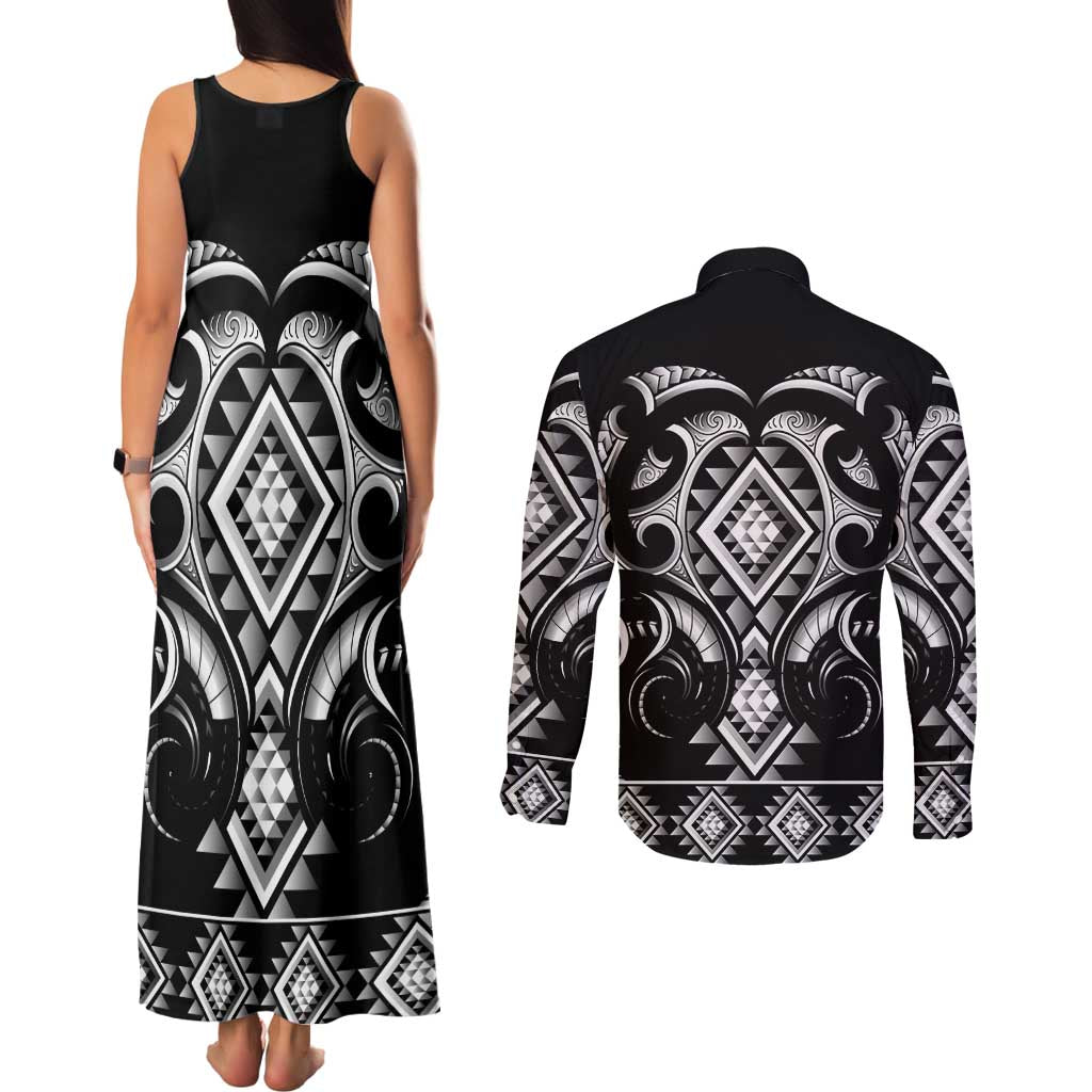 Black Ngaru Taniko With Aotearoa Maori Tattoo Couples Matching Tank Maxi Dress and Long Sleeve Button Shirt LT14 - Polynesian Pride