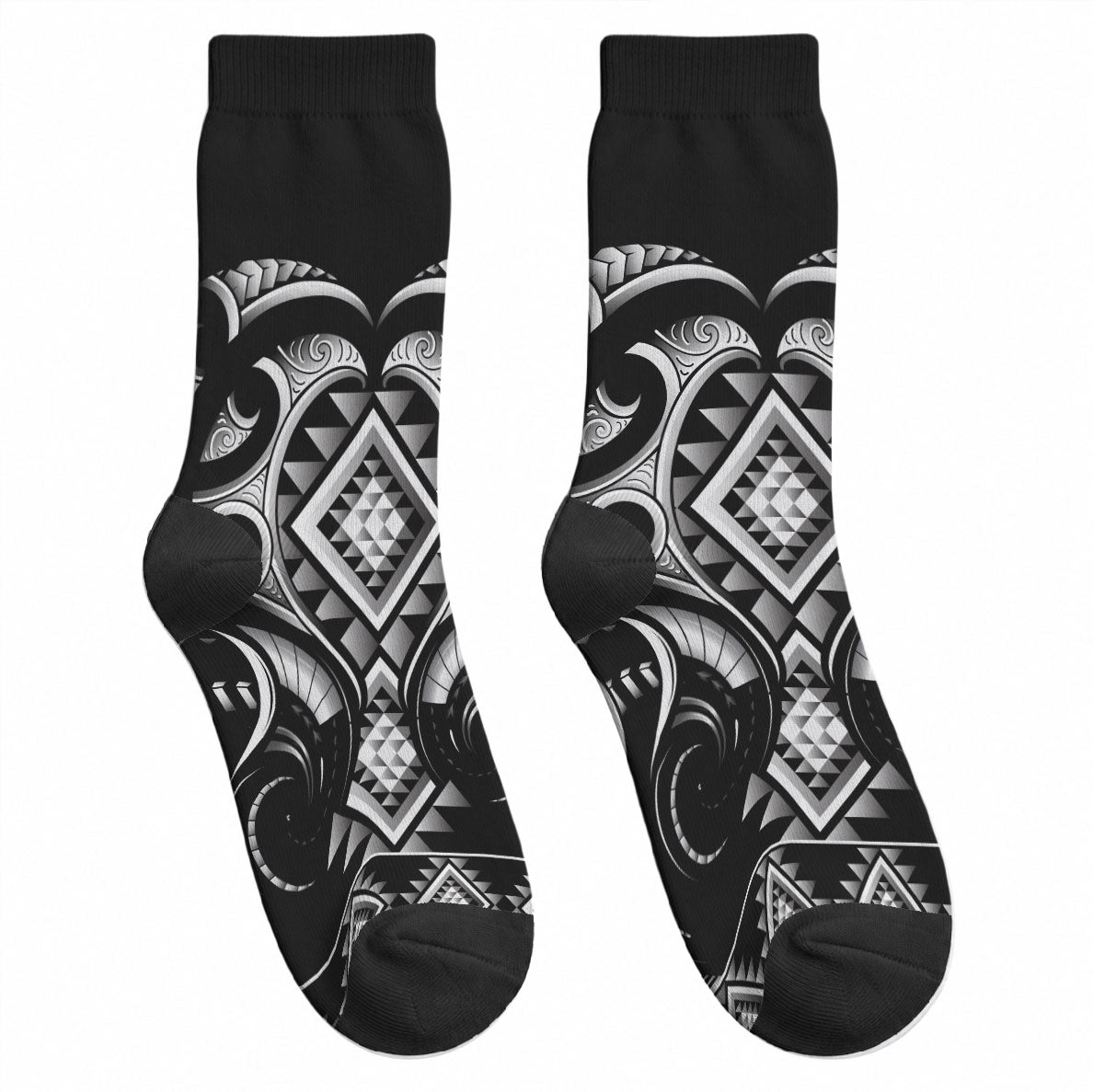 Black Ngaru Taniko With Aotearoa Maori Tattoo Crew Socks LT14 - Polynesian Pride