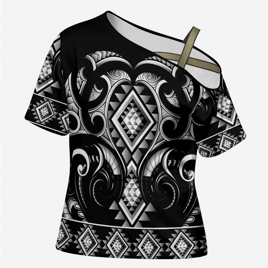 Black Ngaru Taniko With Aotearoa Maori Tattoo Cross Shoulder Shirt LT14 Female Black - Polynesian Pride